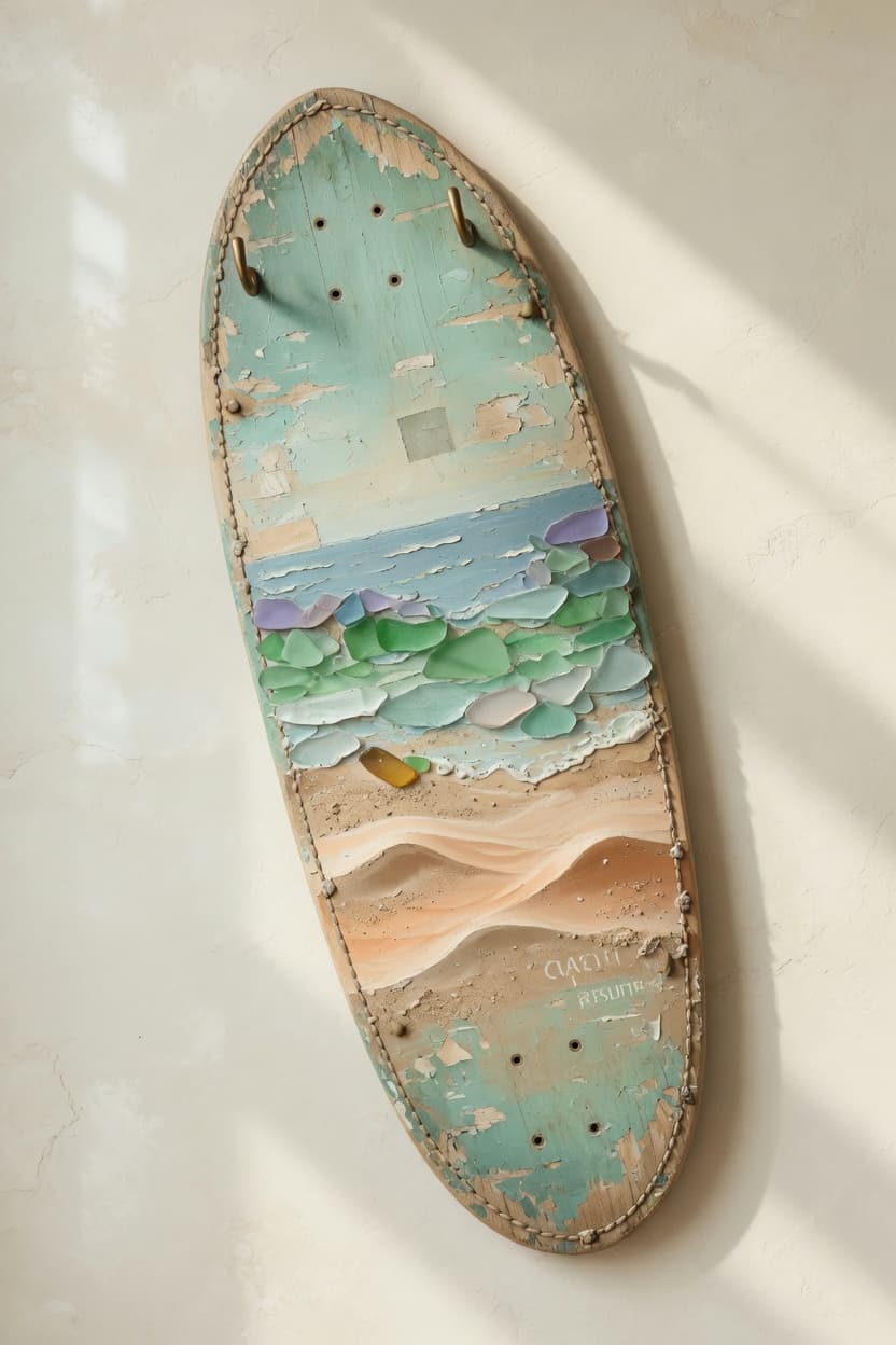 Longboard wall art in dune and sea-glass layered paint